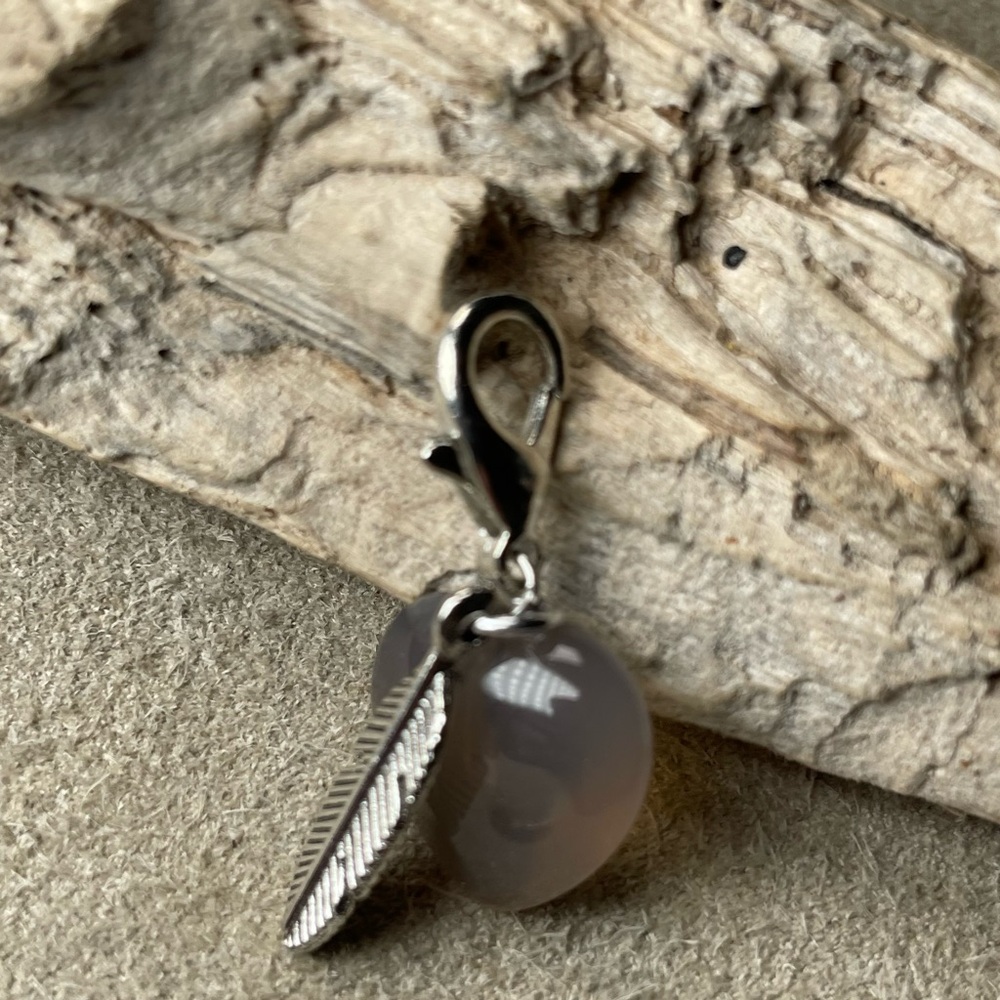 Smokey Quartz Heart Pet Collar Charm With Small Antique Silver Feather Charm - Picture 7 of 12
